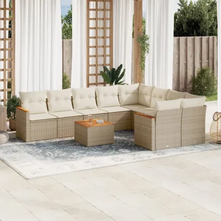 Salon de jardin avec coussins 10 pcs beige résine tressée