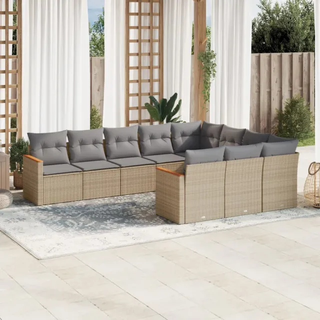 Salon de jardin et coussins 10 pcs mélange beige résine tressée