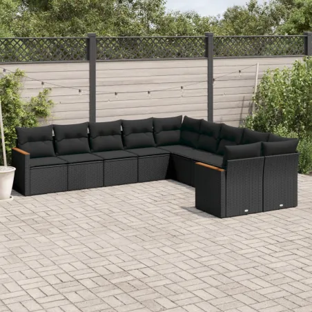 Salon de jardin 10 pcs avec coussins noir résine tressée