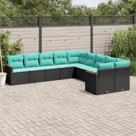 Salon de jardin 10 pcs avec coussins noir résine tressée