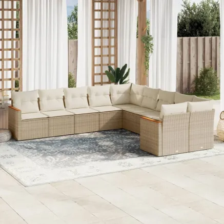 Salon de jardin avec coussins 10 pcs beige résine tressée