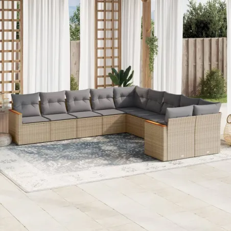Salon de jardin et coussins 10 pcs mélange beige résine tressée