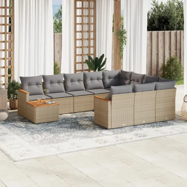 Salon de jardin et coussins 11 pcs mélange beige résine tressée