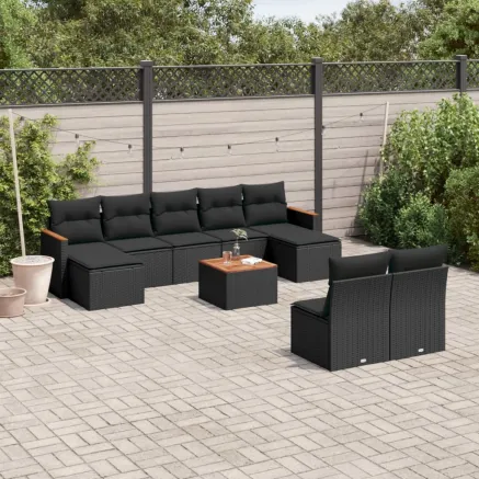 Salon de jardin 10 pcs avec coussins noir résine tressée