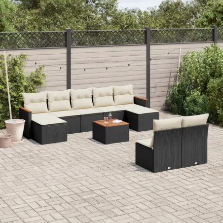 Salon de jardin 10 pcs avec coussins noir résine tressée