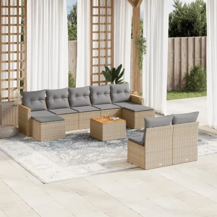 Salon de jardin et coussins 10 pcs mélange beige résine tressée
