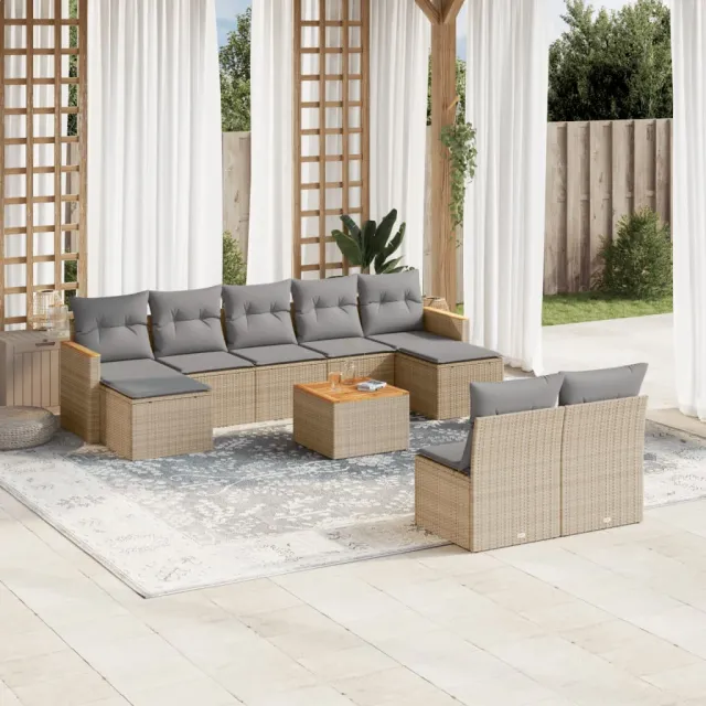 Salon de jardin et coussins 10 pcs mélange beige résine tressée