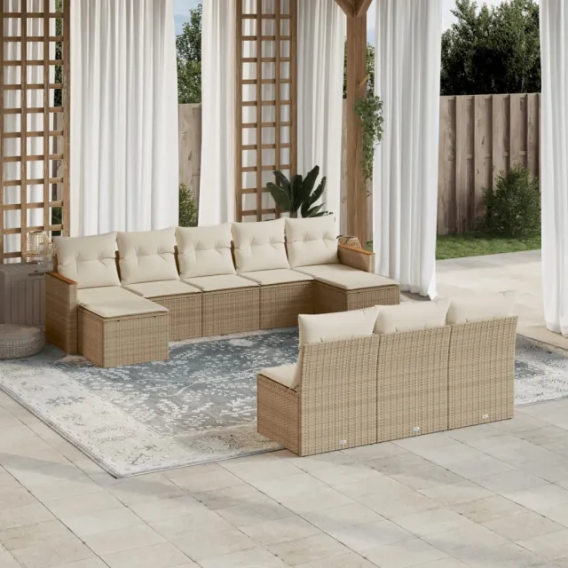 Salon de jardin avec coussins 10 pcs beige résine tressée