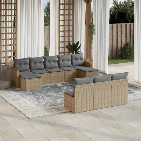 Salon de jardin et coussins 10 pcs mélange beige résine tressée
