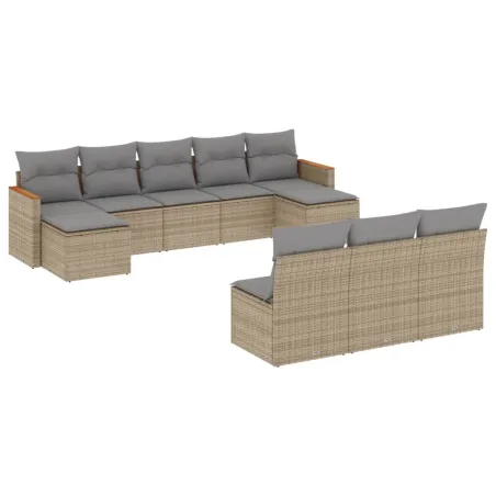 Salon de jardin et coussins 10 pcs mélange beige résine tressée