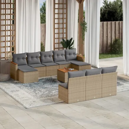 Salon de jardin et coussins 11 pcs mélange beige résine tressée