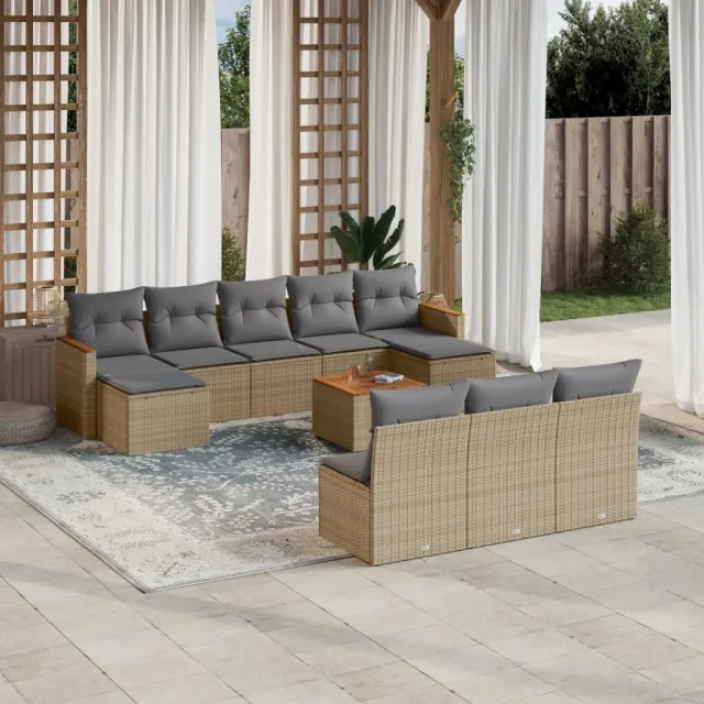 Salon de jardin et coussins 11 pcs mélange beige résine tressée