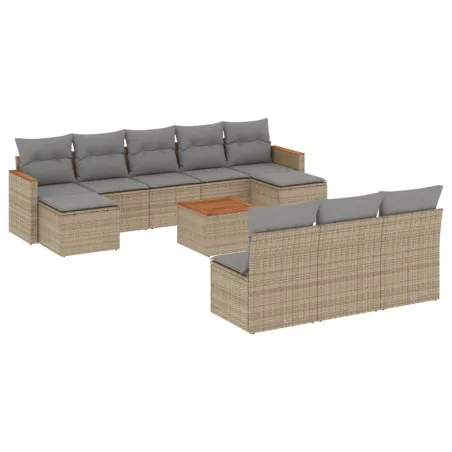 Salon de jardin et coussins 11 pcs mélange beige résine tressée