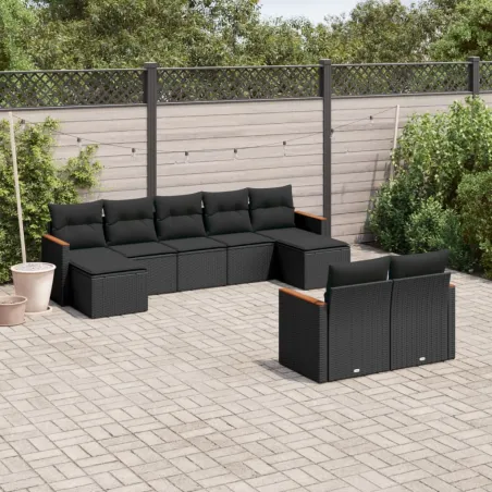 Salon de jardin 9 pcs avec coussins noir résine tressée