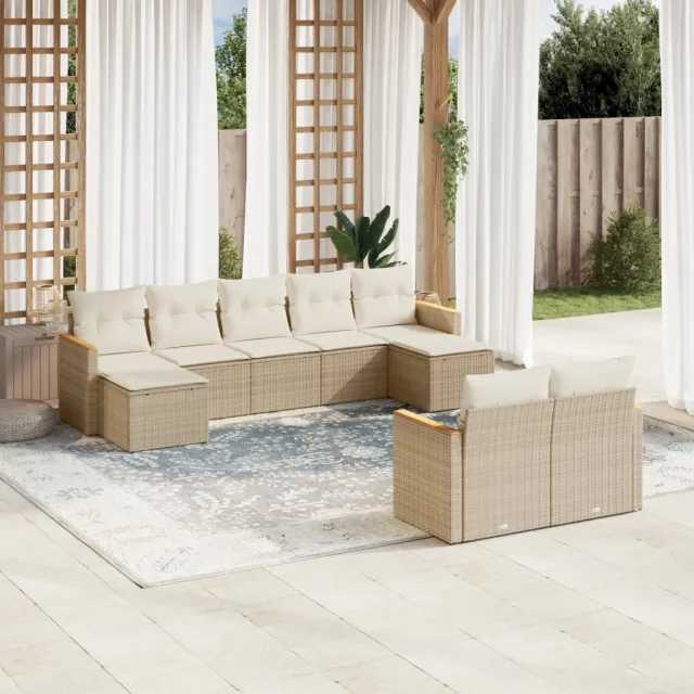 Salon de jardin avec coussins 9 pcs beige résine tressée