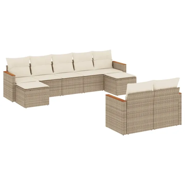 Salon de jardin avec coussins 9 pcs beige résine tressée