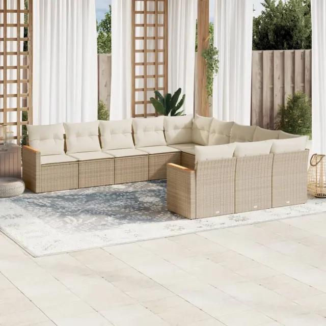 Salon de jardin 11 pcs avec coussins beige résine tressée