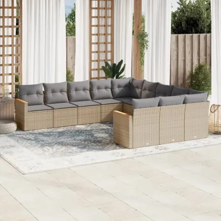 Salon de jardin et coussins 11 pcs mélange beige résine tressée