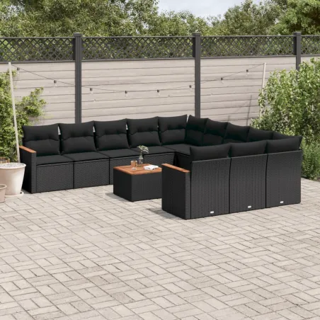 Salon de jardin 12 pcs avec coussins noir résine tressée