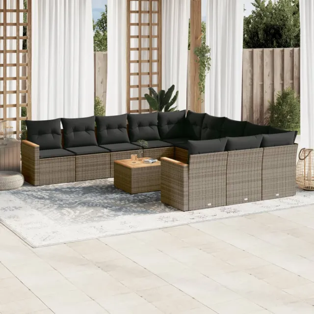 Salon de jardin avec coussins 12 pcs gris résine tressée