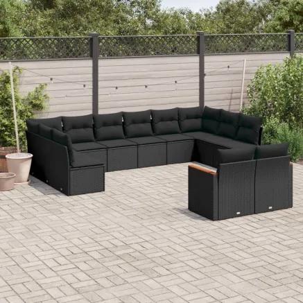 Salon de jardin 12 pcs avec coussins noir résine tressée