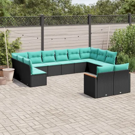 Salon de jardin avec coussins 12 pcs noir résine tressée
