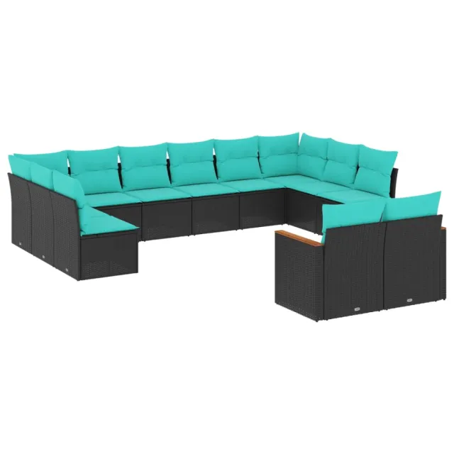 Salon de jardin avec coussins 12 pcs noir résine tressée