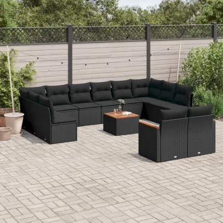 Salon de jardin avec coussins 13 pcs noir résine tressée
