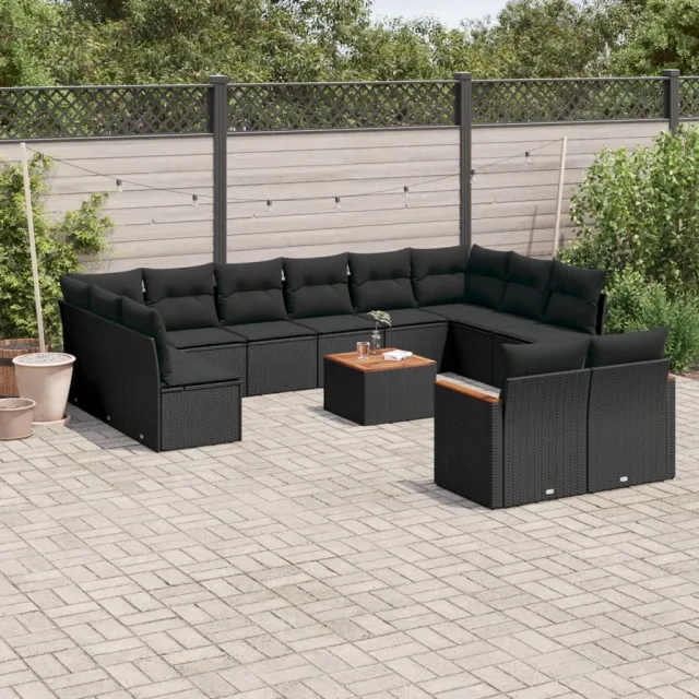 Salon de jardin avec coussins 13 pcs noir résine tressée
