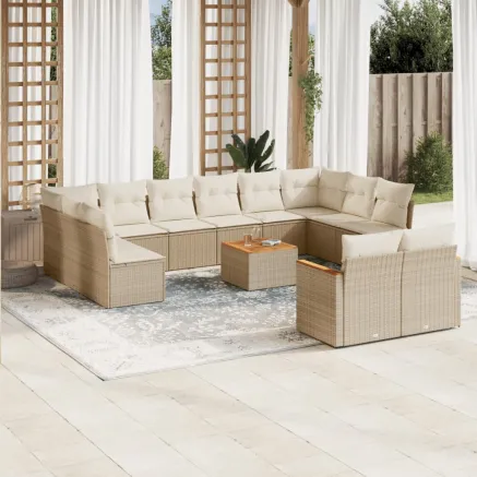 Salon de jardin avec coussins 13 pcs beige résine tressée
