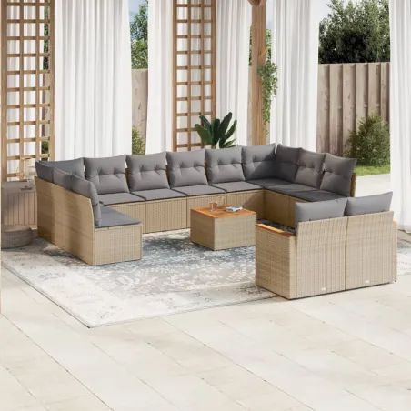 Salon de jardin et coussins 13 pcs mélange beige résine tressée