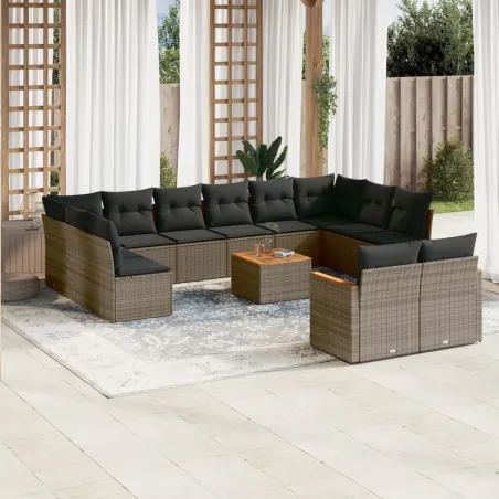 Salon de jardin avec coussins 13 pcs gris résine tressée