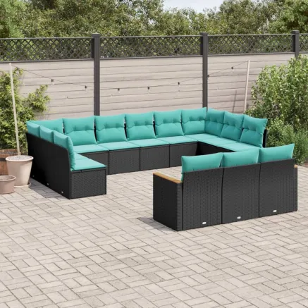Salon de jardin avec coussins 13 pcs noir résine tressée