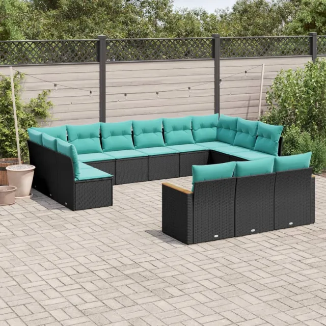 Salon de jardin avec coussins 13 pcs noir résine tressée