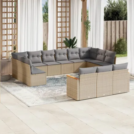 Salon de jardin et coussins 13 pcs mélange beige résine tressée