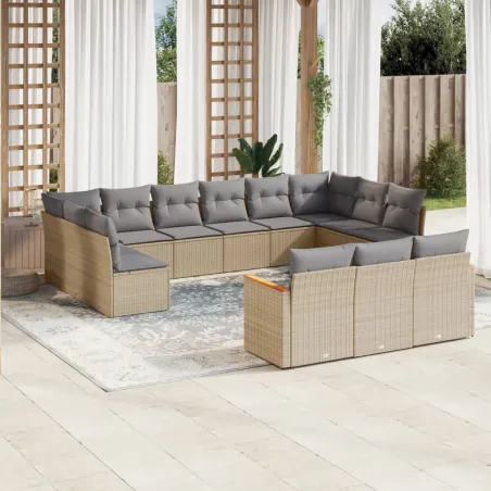 Salon de jardin et coussins 13 pcs mélange beige résine tressée