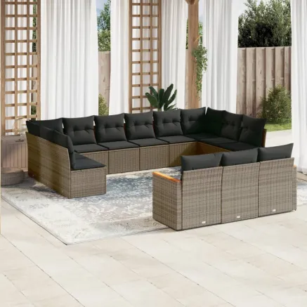 Salon de jardin avec coussins 13 pcs gris résine tressée