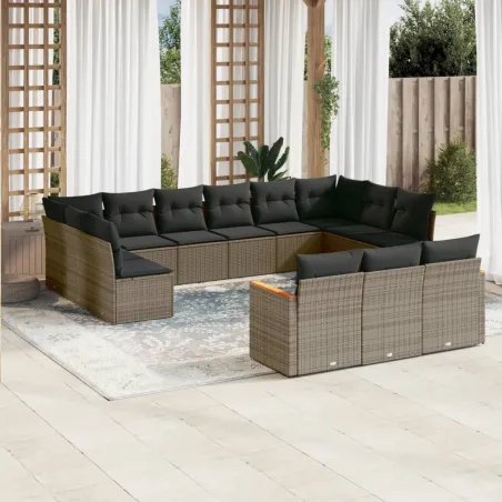 Salon de jardin avec coussins 13 pcs gris résine tressée