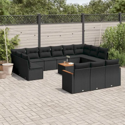 Salon de jardin avec coussins 14 pcs noir résine tressée