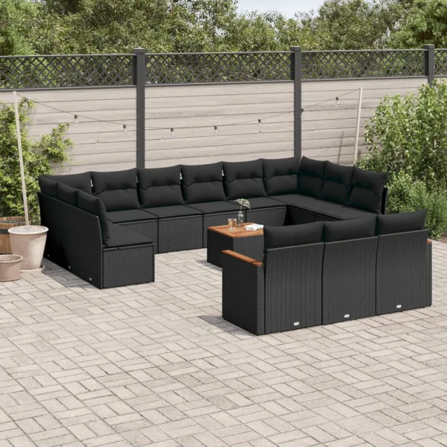 Salon de jardin avec coussins 14 pcs noir résine tressée