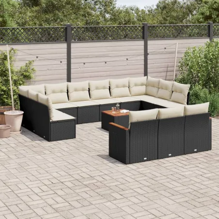 Salon de jardin avec coussins 14 pcs noir résine tressée