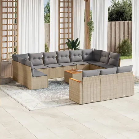 Salon de jardin et coussins 14 pcs mélange beige résine tressée