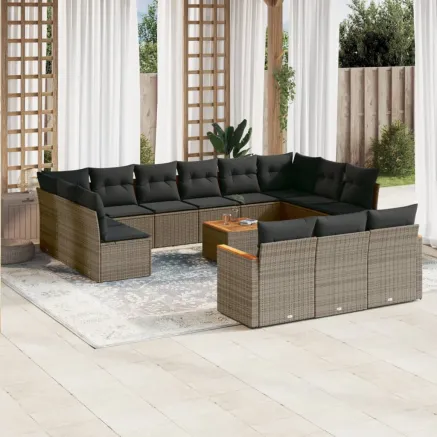Salon de jardin avec coussins 14 pcs gris résine tressée