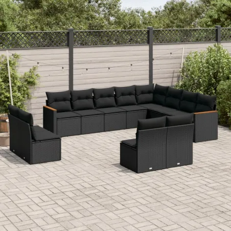 Salon de jardin 12 pcs avec coussins noir résine tressée