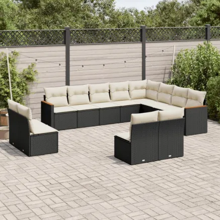 Salon de jardin 12 pcs avec coussins noir résine tressée
