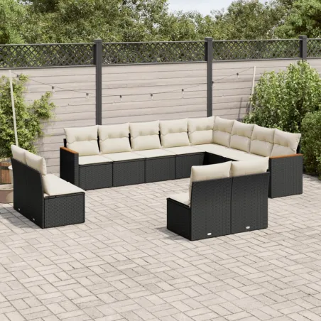 Salon de jardin 12 pcs avec coussins noir résine tressée