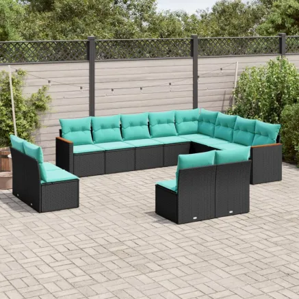 Salon de jardin avec coussins 12 pcs noir résine tressée