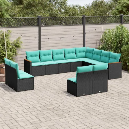 Salon de jardin avec coussins 12 pcs noir résine tressée