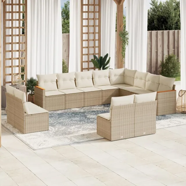 Salon de jardin avec coussins 12 pcs beige résine tressée