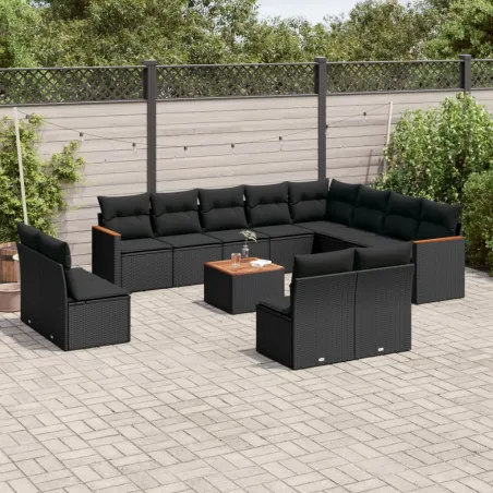 Salon de jardin avec coussins 13 pcs noir résine tressée